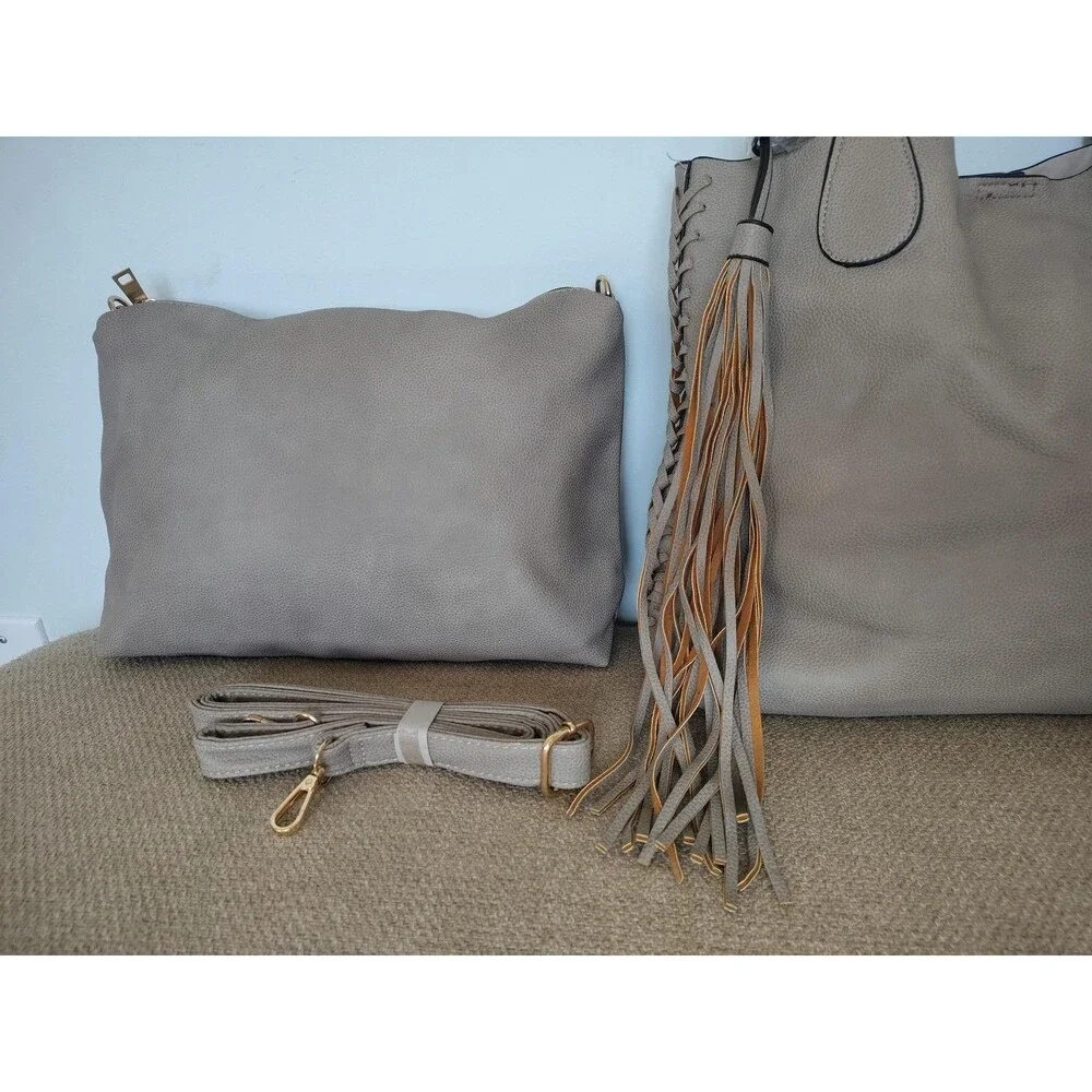 Jen Co Tote Large Gray Bag In A Bag Tassel Pouch Purse Vegan Faux Leather Beige - Picture 2 of 16